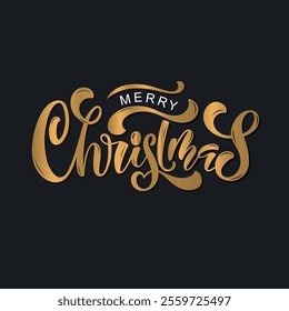 Merry Christmas handwritten text, golden texture letters on black background. Hand lettering typography. Modern brush calligraphy. Vector illustration for icon, badge, banner, poster, greeting card