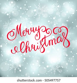 Merry christmas handwritten text on background with snowflakes. Lettering. Vector  illustration