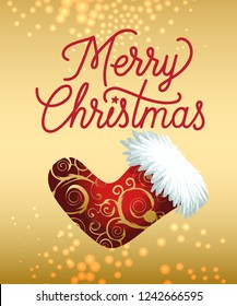 Merry Christmas handwritten text. Christmas ornate stocking and bokeh on yellow gradient background. Lettering can be used for invitations, greeting cards, flyers and brochure