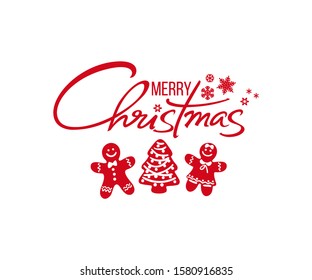 Merry Christmas handwritten text. Red silhouette of Christmas gingerbread cookies man, woman and Christmas tree. Vector illustration isolated on white background.