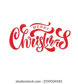 Merry Christmas handwritten text, red letters isolated on white background. Hand lettering typography. Modern brush calligraphy. Vector illustration for icon, badge, banner, poster, greeting card