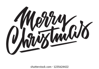 Merry Christmas - hand-written text, typography, calligraphy, lettering. Congratulation on Christmas holiday. Vector in one color, for cutout, greeting card, label, title, banner, poster, flyer.