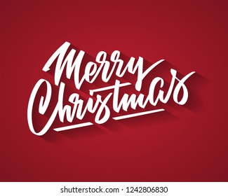 Merry Christmas Hand-written Text, Words, Typography, Calligraphy, Lettering. Vector White Inscription On Cristmas Holiday On Red Background. For Banner, Flyer, Poster, Greeting Card