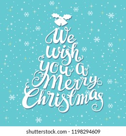 Merry Christmas handwritten tree shape typography with snow falling on green background.