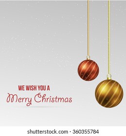 Merry Christmas with hanging balls greeting card, vector illustration.