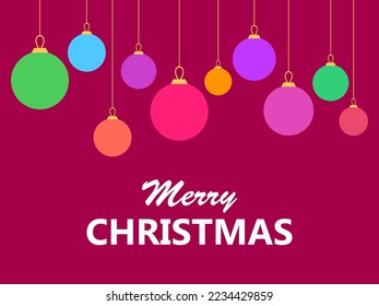 Merry Christmas. Hanging Christmas balls on a viva magenta background. Xmas design for greeting card, invitation and banner. Vector illustration