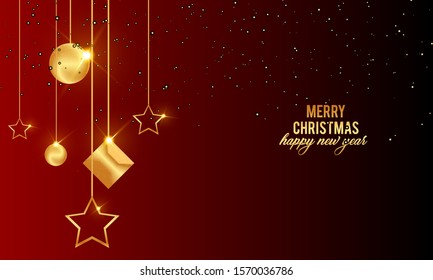 merry Christmas with hanging balls , stare on dark red background 