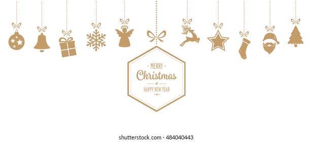 merry christmas hanging gold ornaments background