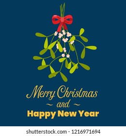 Merry Christmas with hanging mistletoe. Christmas lettering with decorative design elements. Greeting card