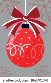 merry christmas, hanging red ball bow snowflakes decoration vector illustration
