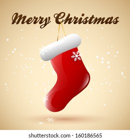 Merry Christmas with hanging sock, vector illustration.
