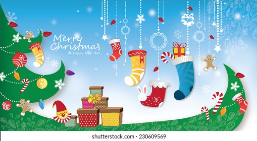 Merry Christmas Hanging Stocking with christmas tree Decorations Background