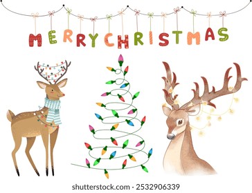 Frohe Weihnachten hängender Text mit Weihnachtsbeleuchtung, Baum, und Hirsche Elemente, festliches Feiertagsdesign, fröhliche Typografie, perfekt für Karten, Dekorationen, und Jahreszeiten Feiern, verbreiten Freude