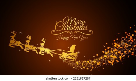 Merry christmas and happ new year with golden santa claus and golden reindeer on his sleigh and golden bokeh and concept christmas background.Vector illustration.
