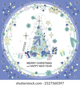 Merry Christmas and happe new year card. Circle frame, presents and snowflakes. 