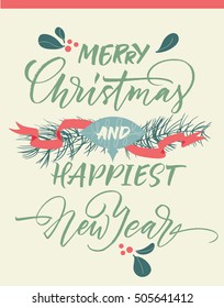 Merry Christmas and happiest New Year greeting card with Christmas decorations.  