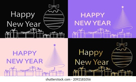 Merry Christmas and Happt New Year greeting cards. Universal Winter Holidays templates. Happy New Year ball. Christmas tree. Vector illustration.