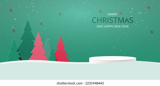 Merry Christmas and Happt New Year concept.Abstract 3d white cylinder pedestal podium and pine trees on minimal winter scene background. Paper cut style vector illustration.