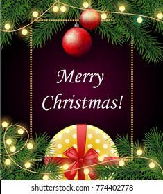 Merry Christmas and Happy 2018 New Year background with frame,  real tree branches, yellow spotted gift box with red bow, light bulbs, baubles and ornaments. Good for cards, banners, posters. Vector