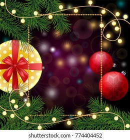 Merry Christmas and Happy 2018 New Year background with frame,  real tree branches, yellow spotted gift box with red bow, light bulbs, baubles and ornaments. Good for cards, banners, posters. Vector