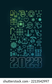 Merry Christmas and Happy 2023 New Year vector concept colorful vertical outline banner or illustration on dark background