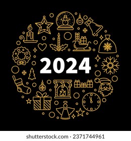 Merry Christmas and Happy 2024 New Year vector outline circle shaped yellow Banner on dark background