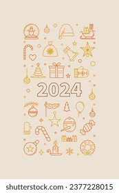 Merry Christmas and Happy 2024 New Year vector Winter Holidays concept thin line creative vertical Banner or Greeting Card