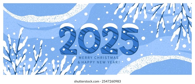 Merry Christmas and Happy 2025 New Year greeting card. Modern beautiful poster template for winter holidays with trees in the snow. Vector illustration for season banner, cover, advertising, sales.
