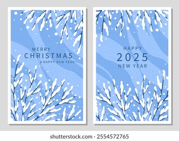 Merry Christmas and Happy 2025 New Year greeting card set. Beautiful posters templates for winter holidays with trees in the snow. Vector illustration for season banner, cover, advertising, sales.
