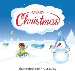 Merry Christmas. Happy boy rides a sleigh in the winter season against the backdrop of a winter landscape with an image of a snowman. Festive greeting card, banner, poster template.
