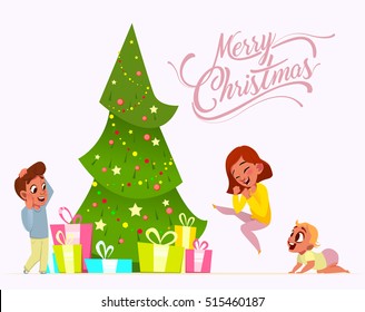 Merry Christmas. Happy children . Winter tree