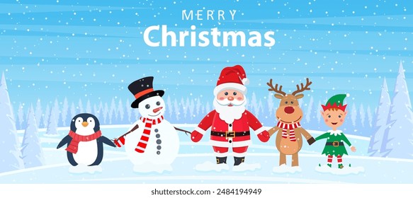 Merry Christmas Happy Christmas companions. Merry Christmas background with a Penguin, Santa Claus, Deer, Snowman,elf. Vector illustration in flat style