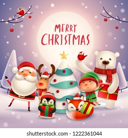 Merry Christmas! Happy Christmas companions in the moonlight. Santa Claus, Reindeer, Elf, Polar Bear, Fox, Penguin and Red Cardinal Bird in Christmas snow scene.