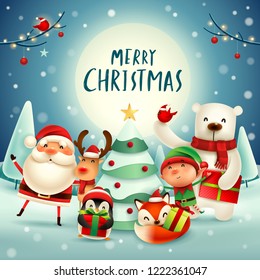 Merry Christmas! Happy Christmas companions in the moonlight. Santa Claus, Reindeer, Elf, Polar Bear, Fox, Penguin and Red Cardinal Bird in Christmas snow scene.