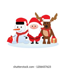 Merry Christmas! Happy Christmas companions. Santa Claus, Snowman, Reindeer  Christmas snow. Vector illustration.