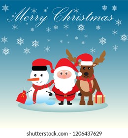 Merry Christmas! Happy Christmas companions. Santa Claus, Snowman, Reindeer  Christmas snow. Vector illustration.