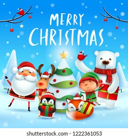 Merry Christmas! Happy Christmas companions. Santa Claus, Reindeer, Elf, Polar Bear, Fox, Penguin and Red Cardinal Bird in Christmas snow scene.