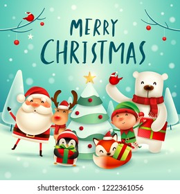 Merry Christmas! Happy Christmas companions. Santa Claus, Reindeer, Elf, Polar Bear, Fox, Penguin and Red Cardinal Bird in Christmas snow scene.