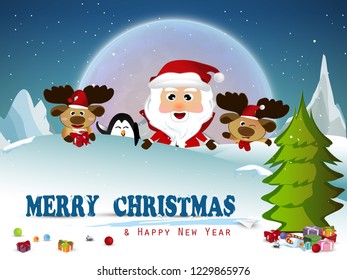 Merry Christmas! Happy Christmas companions. Santa Claus and friends.Greeting Card for Christmas and New Year.