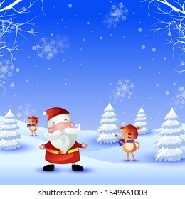 Merry Christmas Happy Christmas companions. Santa Claus, Snowman, Reindeer with typography set