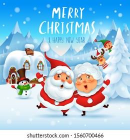 Merry Christmas! Happy Christmas companions. Santa Claus, Mrs.Santa,  in Christmas snow scene. Winter landscape.