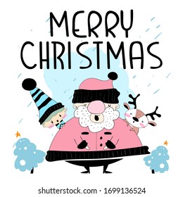 Merry Christmas! Happy Christmas companions. Santa Claus, Reindeer and elf in Christmas snow scene.