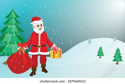 Merry Christmas! Happy Christmas companions. Santa Claus in Christmas snow scene. Happy clown santa claus character with gifts bags and greeting For Christmas 