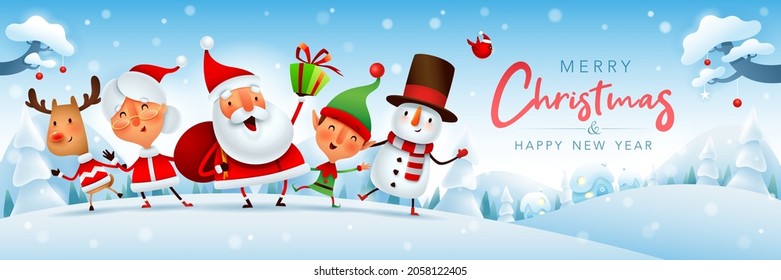 Merry Christmas! Happy Christmas companions. Santa Claus, Mrs Claus, Snowman, Reindeer and elf in Christmas snow scene.