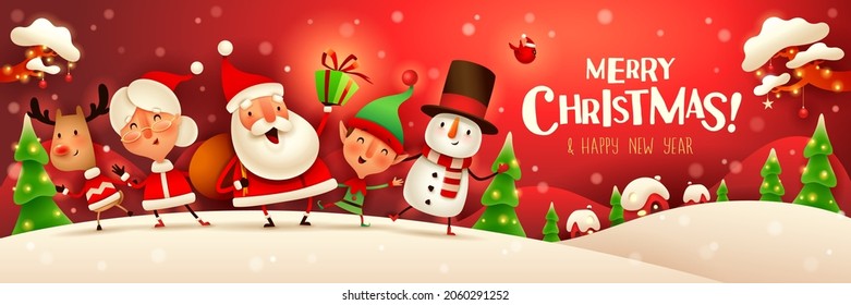 Merry Christmas! Happy Christmas companions. Santa Claus, Mrs Claus, Snowman, Reindeer and elf in Christmas snow scene.