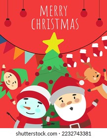 Merry Christmas! Happy Christmas companions. Santa Claus, Snowman, Reindeer and elf in Christmas scene.
