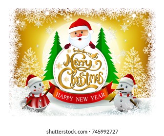 Merry Christmas! Happy Christmas companions. Santa Claus, Snowman and snowy in Christmas snow scene.
