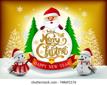 Merry Christmas! Happy Christmas companions. Santa Claus, Snowman and Reindeer in Christmas snow scene.