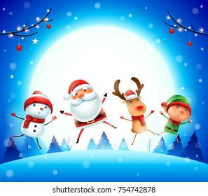 Merry Christmas! Happy Christmas companions. Santa Claus, Reindeer, Snowman and Elf jumping in the moonlight. 