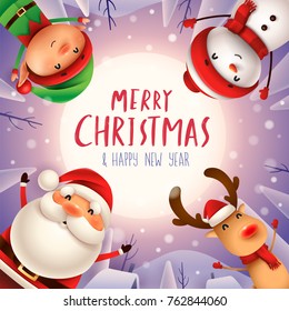 Merry Christmas! Happy Christmas companions. Santa Claus, Snowman, Reindeer and Elf in Christmas snow scene.